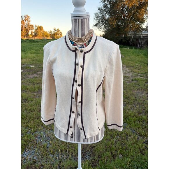 St. John Knit Cream ColorSantana Knit Cardigan with Brown Piping Rare Size 14